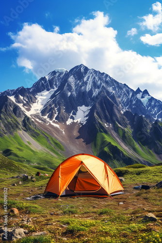 A tourist camp in the mountains, a tent in the foreground.Generative AI