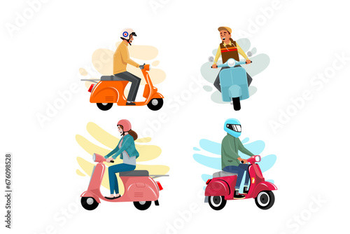 Illustration of people riding motorcycle and scooter in flat and colorful shapes.