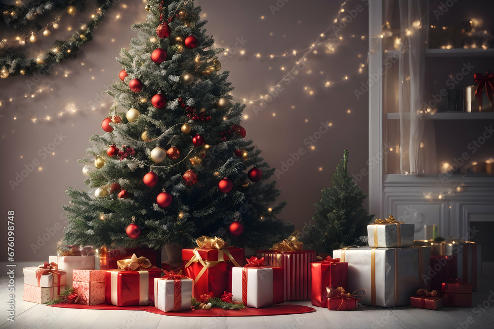 Beautiful Christmas tree in a magical decorated living room. Festive interior in the contemporary style. Christmas winter holiday composition. Generative AI.