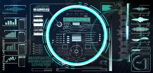 Illustration of a set of futuristic HUD elements for cyberspace themed designs. Scheme and include graphs, charts, and text.These elements are perfect for sci-fi,technology and digital design projects