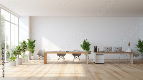 Sunny blank wall with shadow in modern eco style open space office with wooden wall. Generative Ai