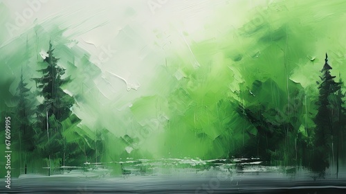  a painting of a green landscape with trees in the foreground and a body of water in the foreground.  generative ai
