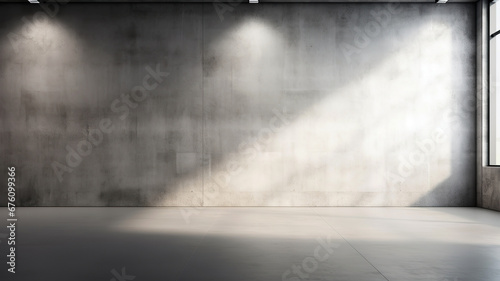 Modern loft wall. Empty concrete room with spotlights in the ceiling and daylight on the right. Modern loft wall background grey floor and light from window. © Helen-HD