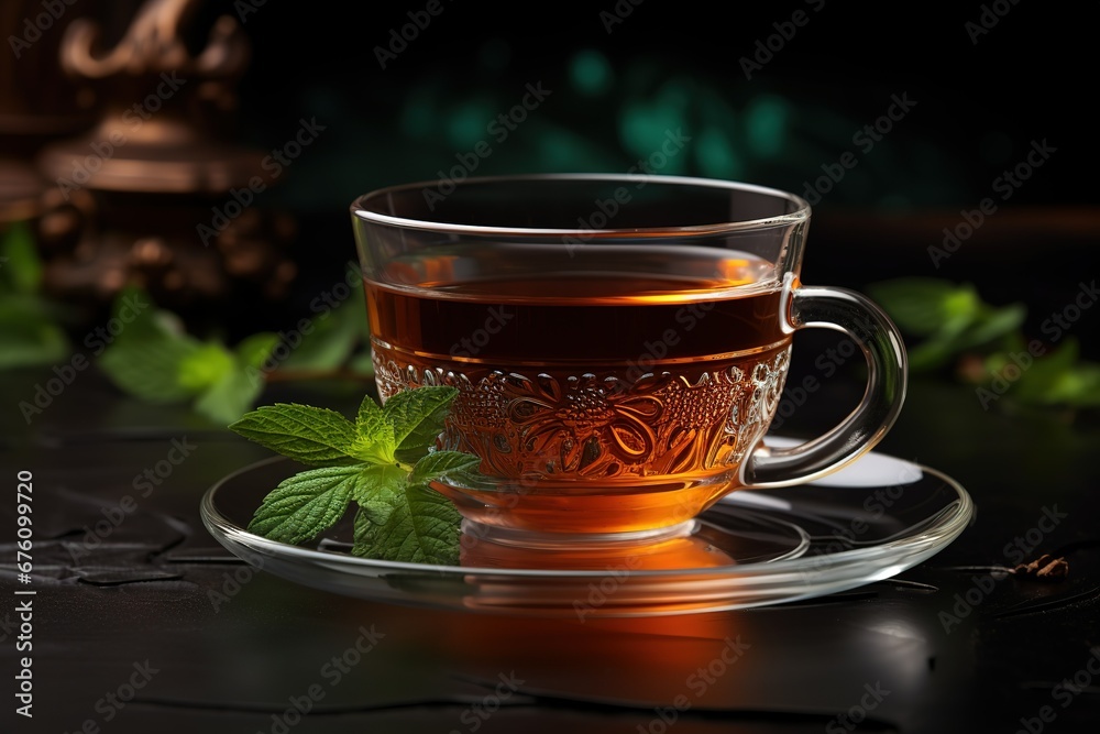 a cup of tea with mint leaf on a dark background, cup of tea with lemon a cup of tea with mint leaf on a dark background, cup of tea with lemon