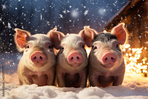 Nahaufnahme von drei niedlichen Ferkeln im Schnee mit Feuerwerk zum Jahreswechsel im Hintergrund. Schweinemotiv erzeugt mit Generative AI. photo