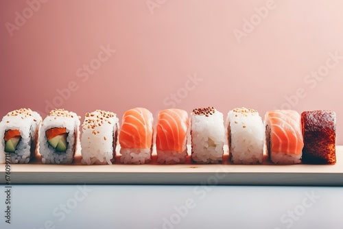 sushi in different shapes on serving tray with pink backgrounds, sushi rolls on a plate