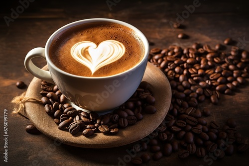 a cup of coffee with a heart design surrounded by coffee beans  a cup of coffee with beans
