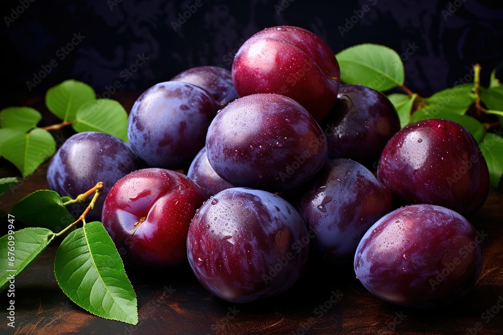a small pile of dark purple plums, plums on a wooden table