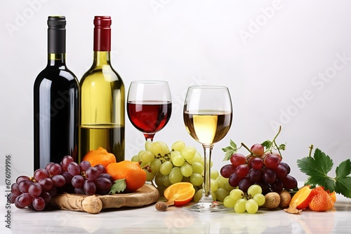 wine and fruits stand on a white table