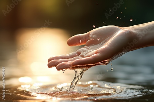 water drops in the hand of a person with the sun