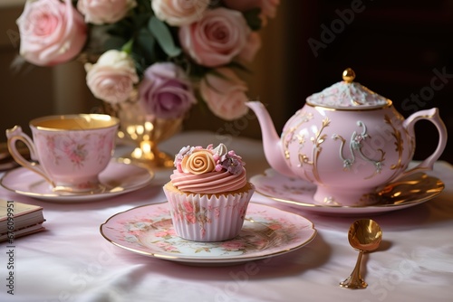 a tea table set with a pink cupcake and flowers, a cup of tea, and a cake