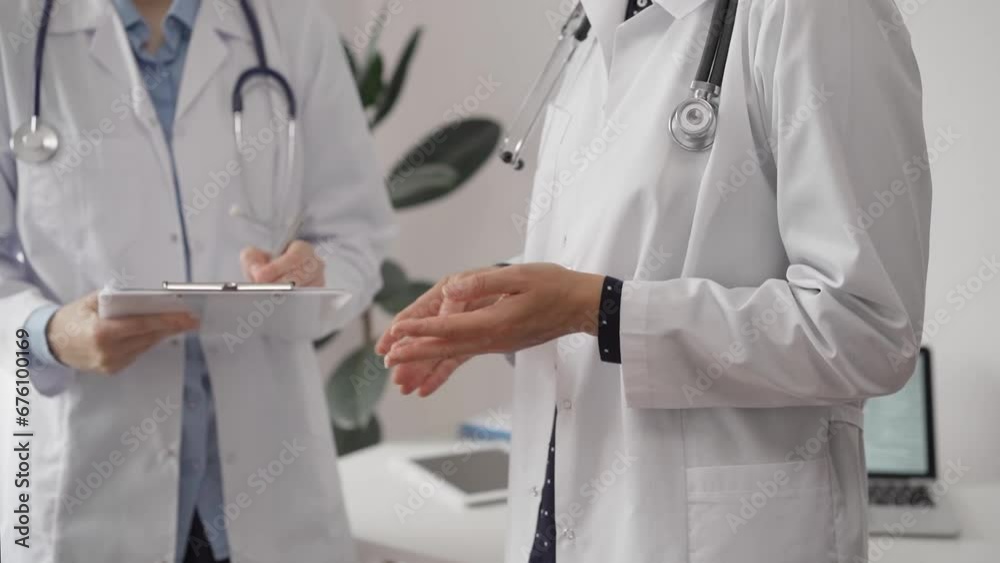 Two female doctors are using a clipboard and medical notes while standing and discussing health treatment in a hospital. Medicine concept Two female doctors are using a clipboard and medical notes while standing and discussing health treatment in a hospital. Medicine concept
