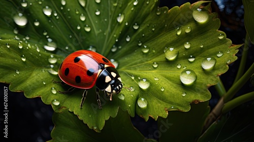  a ladybug sitting on top of a green leaf with water droplets on it's backround. generative ai
