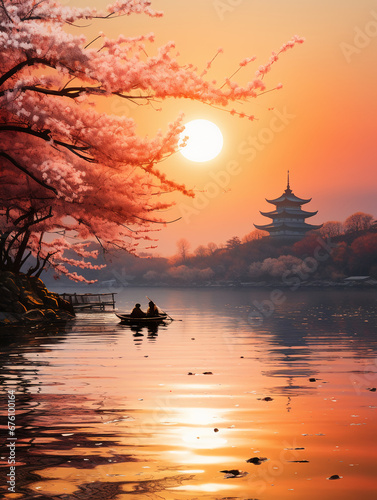 water scene with a boat on the lake and cherry blossoms blooming. AI generative