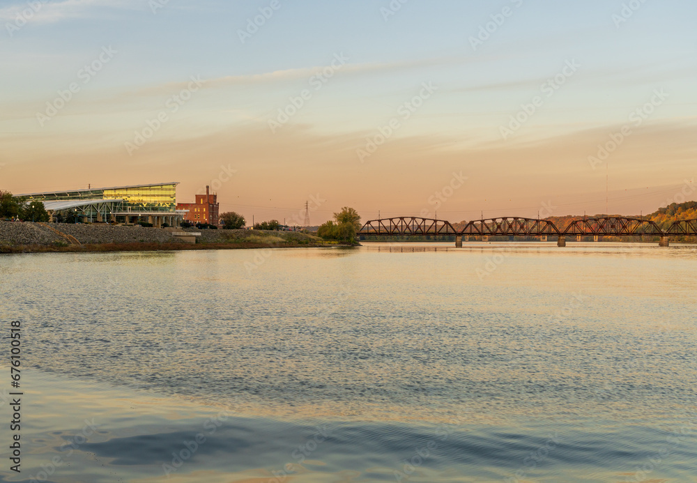 Conference and convention center by Upper Mississippi on calm evening in Dubuque Iowa
