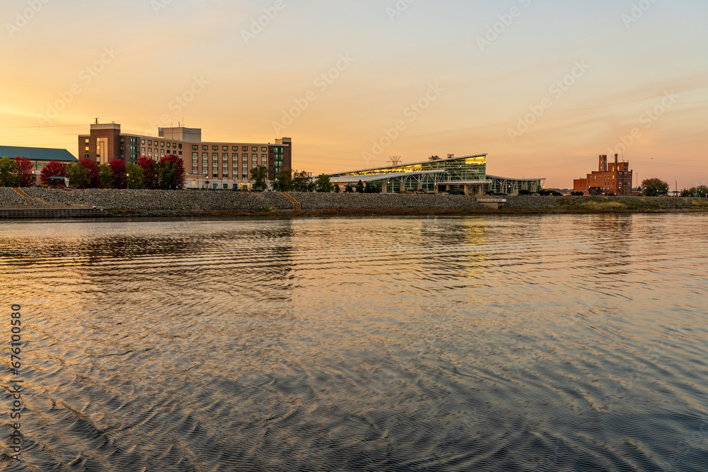 Hotel, Conference and convention center by Upper Mississippi on calm evening in Dubuque Iowa
