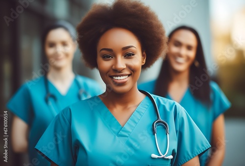 Portrait of smiling african american nurse with her colleagues in the background