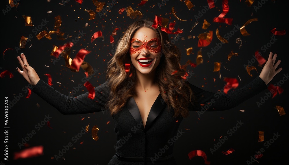 Vibrant woman in festive attire with carnival mask, celebrating the joy of new years festivities - obrazy, fototapety, plakaty 