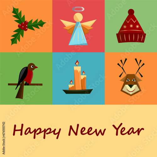 Christmas greeting multicolored card with holiday elements and inscription. New Year poster in abstract style. Vector flat illustration.