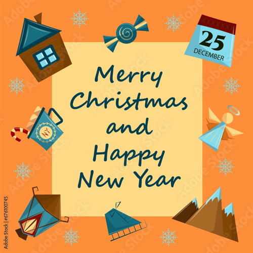 Christmas greeting card with holiday elements on orange background with inscription. New Year poster in abstract style. Vector flat illustration.