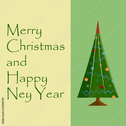 Christmas locanic card in abstract style. New Year poster with Christmas tree decorated with toys and congratulatory inscription. Vector illustration.