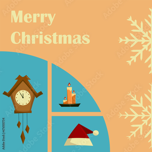 Christmas minimalist greeting card with festive elements and lettering. New Year poster in pastel colors in abstract style. Vector flat illustration.