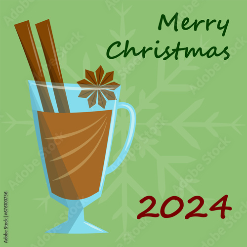 Christmas minimalist greeting card with a cup of hot drink with spices. New Year poster in pastel colors in abstract style. Vector flat illustration.