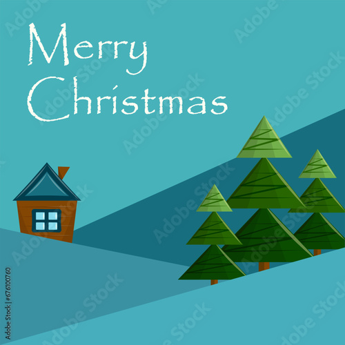 Christmas greeting multicolored greeting card with night fairy forest and caption. New Year poster in abstract style with geometric shapes. Vector flat illustration.