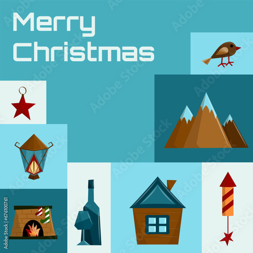 Christmas greeting minimalist greeting card with holiday elements on blue background background with inscription. New Year poster in abstract style. Vector flat illustration.