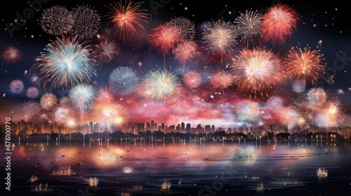  fireworks are lit up the night sky over a large body of water with a cityscape in the background. generative ai