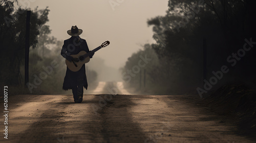 Lonesome dark mysterious guitarist or storyteller wearing a cowboy hat & a duster wandering on a country road while playing guitar photo