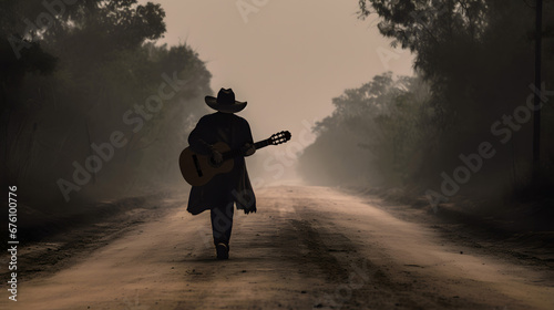 Eerie solitary guitar player wandering on a dusty country road, wearing a dark cowboy hat & a duster photo
