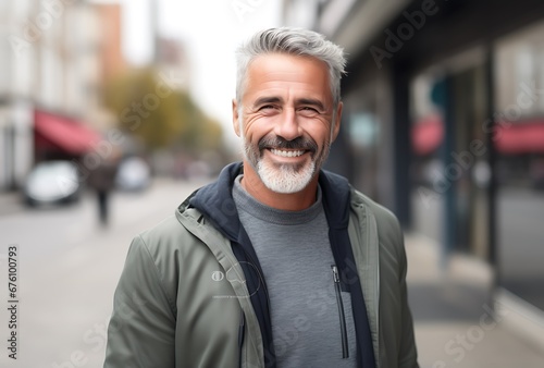 Portrait of a handsome mature man smiling on the street in the city.