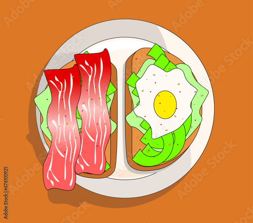 Healthy Breakfast. Sandwich with fried Egg and Avocado toast, Bacon toast with herbs. Serving option. Flat vector illustration. Morning routine. Food.