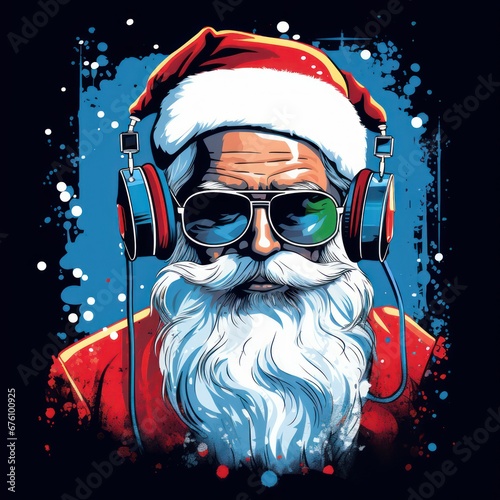 Cool Santa Claus with sunglasses listening music in headphones. Hip 1980s graffiti art.