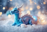 Realistic 3d decorative toy figurine of a little cute dragon in Christmas decorations. Christmas winter holiday composition. Generative AI.