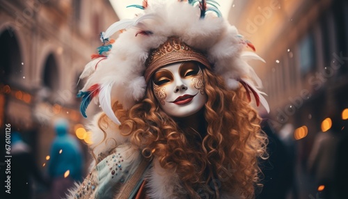 Joyful woman in vibrant clothing with festive carnival mask celebrating holiday excitement © Viktoria