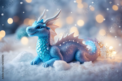 Realistic 3d decorative toy figurine of a little cute dragon in Christmas decorations. Christmas winter holiday composition. Generative AI. © nutalina