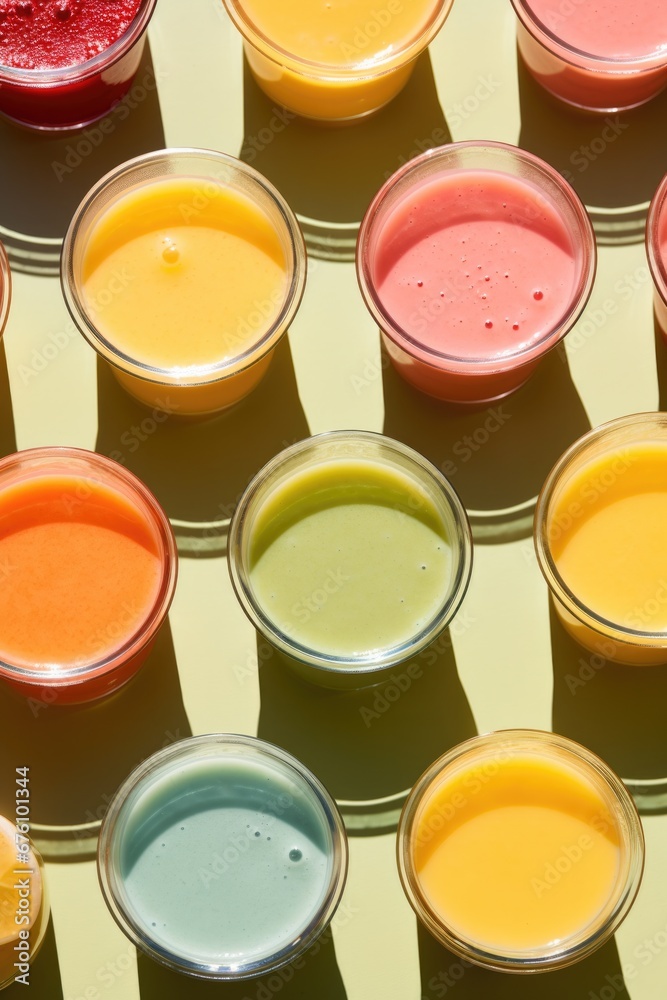 Multicoloured smoothies on the table with a wall of sunshine Multicoloured smoothies on the table with a wall of sunshine