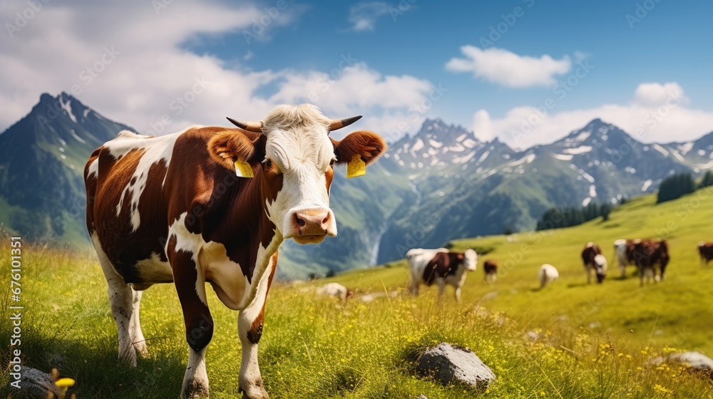 Cows grazing in alpine meadows against a backdrop of mountains Cows grazing in alpine meadows against a backdrop of mountains