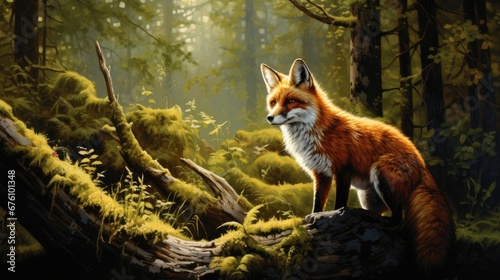  a painting of a red fox standing on a log in the middle of a forest with moss growing on the ground. generative ai