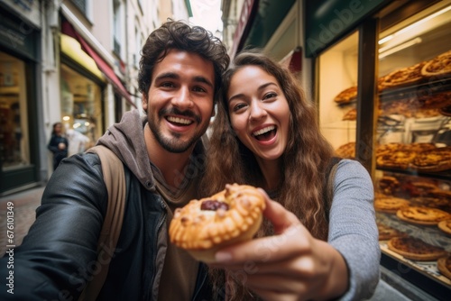 Happy young couple showing off street food and taking selfies on the street