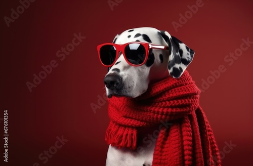 Dalmatian dog in red scarf and red glasses on dark background