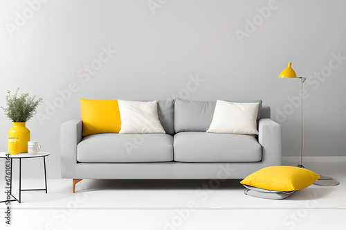 Grey sofa or couch with yellow white pillows and a side table on white background banner, brigt color and energetic interior photo