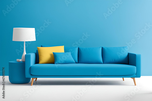 Blue sofa or couch and a side table on white background banner, brigt color and energetic interior photo