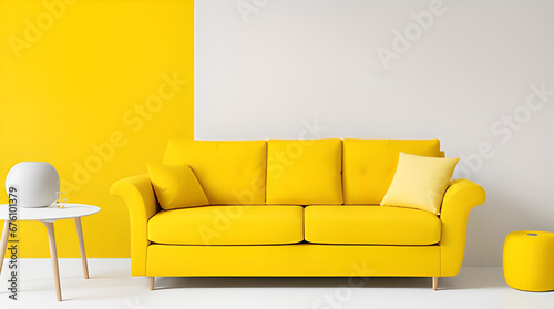 Yellow sofa or couch and a side table on white background banner, brigt color and energetic interior photo