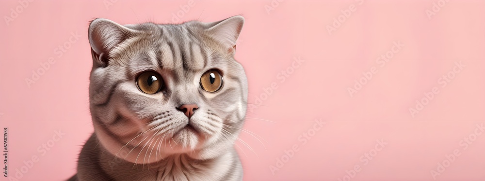 Scottish fold cat on a pastel background. Cat a solid uniform background, for your advertising and design with copy space. Creative animal concept. Looking towards camera.