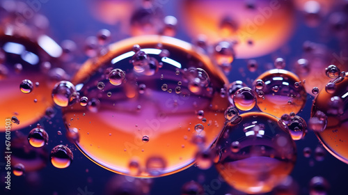 Multi-colored bright transparent glossy bubbles close-up. Oil drops on water surface abstract back