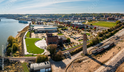 Aerial view of Dubuque in Iowa with historic brewery and modern convention center alongside Mississippi river