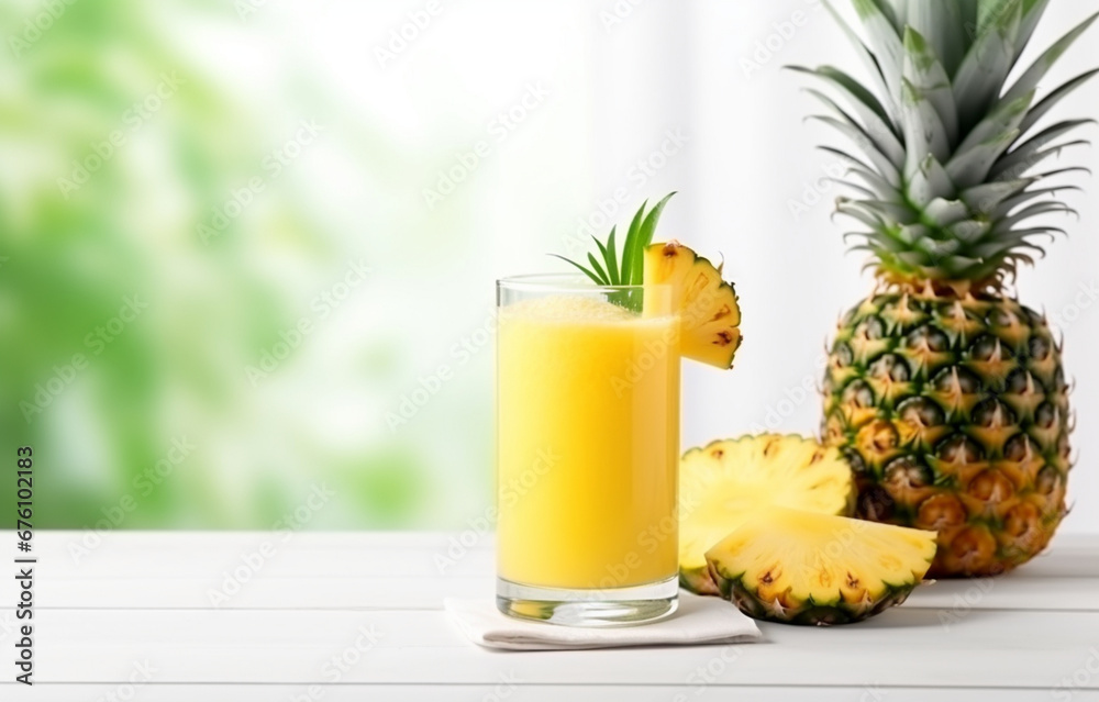 Glass pineapple juice and pineapple slices for healthy breakfast on white wooden table Glass pineapple juice and pineapple slices for healthy breakfast on white wooden table